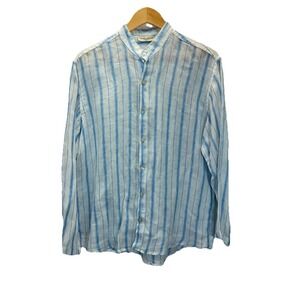 Sartoria Saracena Shirt Men's MD Blue Striped 100% Linen Italy Band Collar
